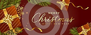 Merry christmas holiday greeting banner with realistic elements