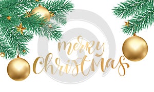 Merry Christmas holiday greeting card background template of hand drawn quote calligraphy text, golden ball decorations on Christm