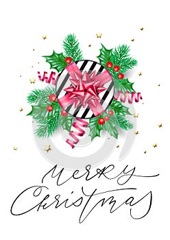 Merry Christmas holiday hand drawn calligraphy text for greeting card background design template. Vector pink gift on Christmas tr