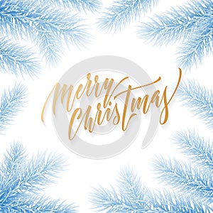 Merry Christmas holiday hand drawn quote golden calligraphy greeting card on frozen snow blue frost background template. Vector Ch