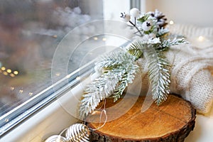 Merry Christmas holiday mockup table wooden podium stand empty layout on the windowsill. Design background for holidays products