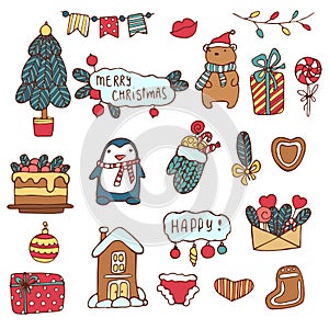 Merry Christmas. Holiday Vector Big Set of Hand Drawn Doodle Christmas characters and decorations with hand lettering