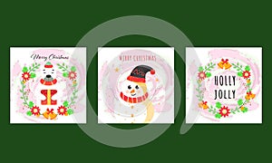 Merry Christmas and Holly Jolly Greeting Cards Decorated with Floral, Jingle Bells, Cartoon Snowman and Polar Bear Holding G