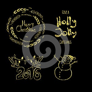 Merry Christmas, Holly Jolly, happy New 2016 Year! Calligraphic labels, letters elements made of golden glitters