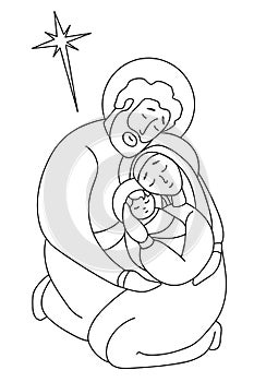 Holy Family Virgin Mary and Joseph. The birth of the baby Savior Jesus Christ. Holy night and the star of Bethlehem. Vector. Line