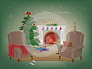 Merry Christmas home interior with a fireplace, Christmas tree, armchairs, colorful boxes with gifts.