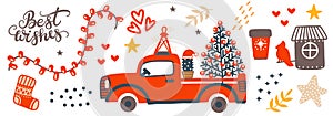 Merry Christmas horisontal card red truck vector illustration