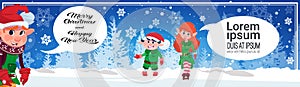 Merry Christmas Horizontal Banner Cute Elf Characters Holiday Poster Design Concept