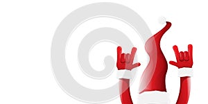 Merry christmas horizontal banner with Santa Claus rock n roll style and santa red hat isolated on white background