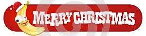 Merry Christmas horizontal battun and banner with funny cartoon banana character wearing santa red hat isolated on red