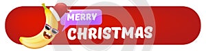 Merry Christmas horizontal battun and banner with funny cartoon banana character wearing santa red hat isolated on red