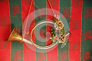 Merry Christmas horn door decorations.. pine cones,, red berries