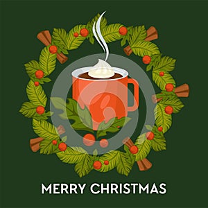 Merry Christmas, hot drink with cinnamon in mug vector.