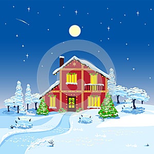 Merry christmas house at night