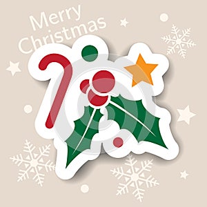 Merry Christmas icon. Holiday xmas symbols. Isolated sticker. Happy new year icons, web banner. Flat vector. Candy can, berry