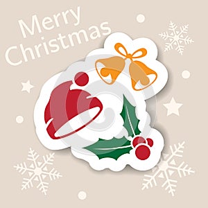 Merry Christmas icon. Holiday xmas symbols. Isolated sticker. Happy new year icons, web banner. Flat vector. Santa hat, bell