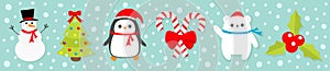 Merry Christmas icon set. Snowman Candy Cane stick red bow. Penguin bird, white polar bear cub wearing Santa Claus hat, scarf.