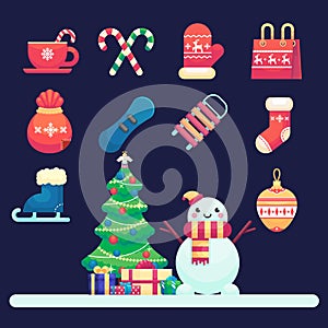 Merry christmas icons, snowman, Decorated christmas tree and gifts Vector colorful illustration in flat style