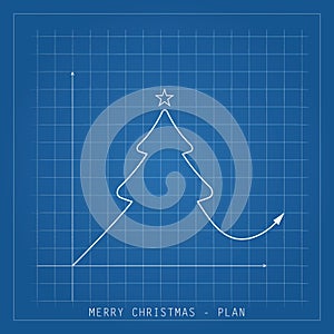 Merry Christmas illustration card. Tree drawing blueprints on a