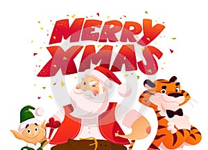 Merry Christmas illustration with little dwarf, Santa Claus, tiger characters and text congratulation isolated.