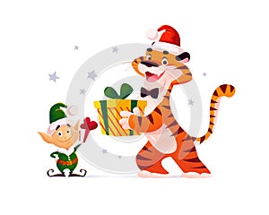 Merry Christmas illustration with little Santa elf and tiger in Santa hat giving presents isolated.