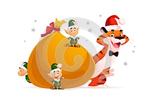 Merry Christmas illustration with little Santa elves, tiger character in hat, big bag with xmas presents isolated.