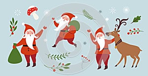 Merry Christmas illustration. Set of Santa characters and design elements