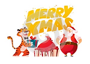 Merry Christmas illustration with text greeting, tiger character, Santa Claus and presents isolated.