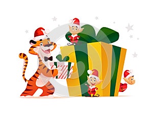 Merry Christmas illustration with tiger in Santa hat and little Santa elves at big gift box isolated.