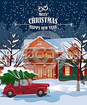 Merry Christmas illustration. Winter landscape. Merry Christmas and Happy New Year greeting card