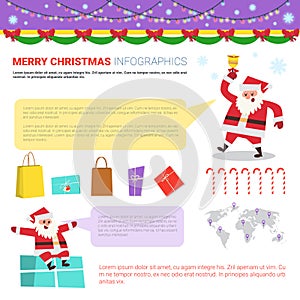 Merry Christmas Infographic Elements Set, Templates With Text Copy Space, World Map And Snata Holding Present Boxes