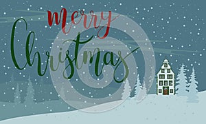 Merry Christmas inscription phrase. Night Snow horisontal landscape background with house and trees