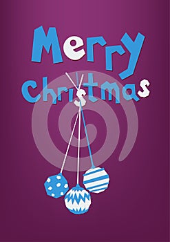 'Merry Christmas' inscription and three christmas white and blue balls, greeting card, postcard.