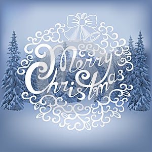 Merry Christmas inscription on the Winter landscape background