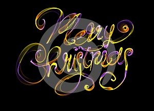 Merry Christmas isolated text written with flame fire light on black background. Violet and Yellow color