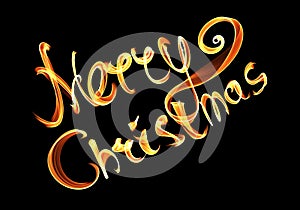 Merry Christmas isolated text written with flame fire light on black background. Violet and Yellow color