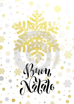 Merry Christmas Italian Buon Natale greeting card golden glitter snowflake