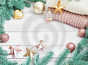 Merry  Christmas joy toys background. Happy New Year composition! Flat lay. Copy space.  Winter holidays and vacations concept.