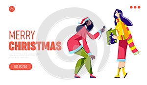 Merry christmas landing page template with girl singing carol in karaoke