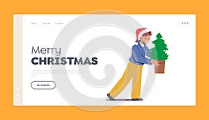 Merry Christmas Landing Page Template. Little Boy Wear Santa Claus Hat Carry Potted Fir-Tree. Concept of Zero Waste Xmas