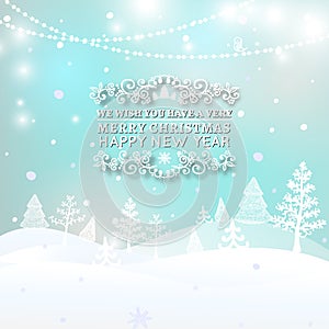 Merry Christmas Landscape, Christmas greeting card light vector background. Merry Christmas holidays wish design and