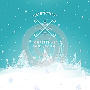 Merry Christmas Landscape, Christmas greeting card with winter background. Merry Christmas holidays wish design.Happy