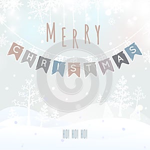 Merry Christmas Landscape, Christmas greeting card with winter background. Merry Christmas holidays wish design. Vector