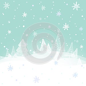 Merry Christmas Landscape, Christmas greeting card winter vector background with snowflakes. Vector illustration.
