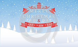 Merry Christmas landscape. Xmas and Happy New Year greeting card design. Winter background with snow, fir trees and snowflakes. Ho