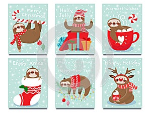 Merry Christmas lazy sloth. Happy New Year cute lazybones, xmas laziness and winter holidays greeting card vector illustration