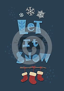 Merry Christmas Let it snow POSTER. Frosty snowflakes and socks. Doddle Retro Poster Season`s Greeting