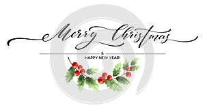 Merry Christmas lettering card with holly. Vector illustration