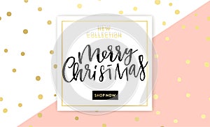 Merry Christmas lettering design with shining gold glittering snowflakes