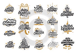 Merry Christmas lettering designs. Happy New Year typography. Lettering logos for postcard, poster, gift and T-shirt. Typography